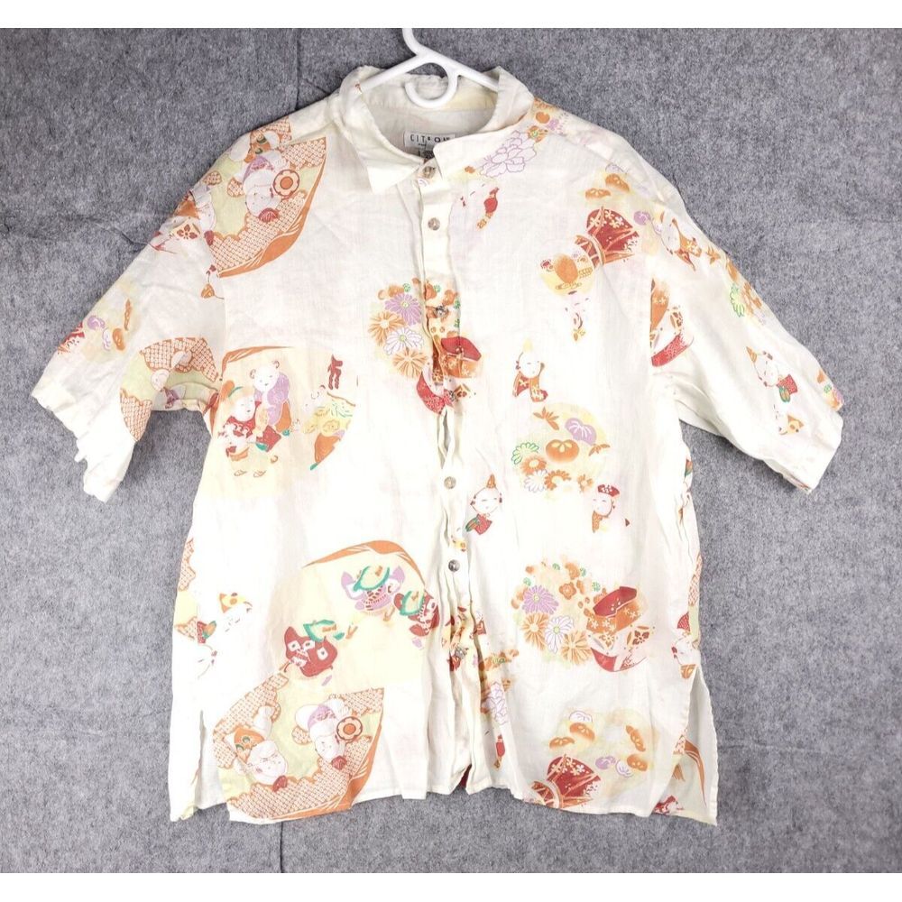 Citron Santa Monica Hawaiian Shirt Mens Large Linen Japanese‎ Floral Asian Panda